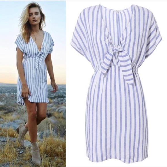 Rails Charlotte Linen Dress Grenadines Stripe Blue & White Tie Front XS Revolve - Picture 16 of 16